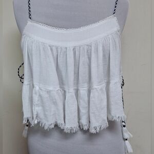 Aerie White Sleeveless Frayed Hem Braided Rope Ties Top